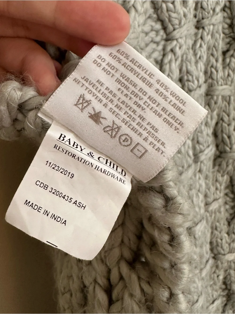 RH Baby & Child Chunky Hand-Knit Stroller Blanket Ash Gray Wool Blend 31x45